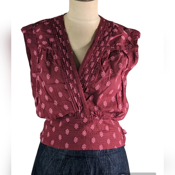 Anthropologie Burgundy & Pink Printed Tie Up Top, S, EUC - Picture 3 of 6